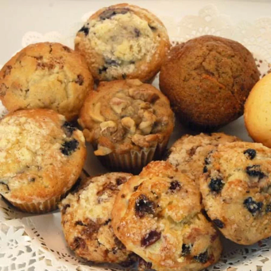 A tray of fresh-baked muffins from Peck O' Dirt Bakery